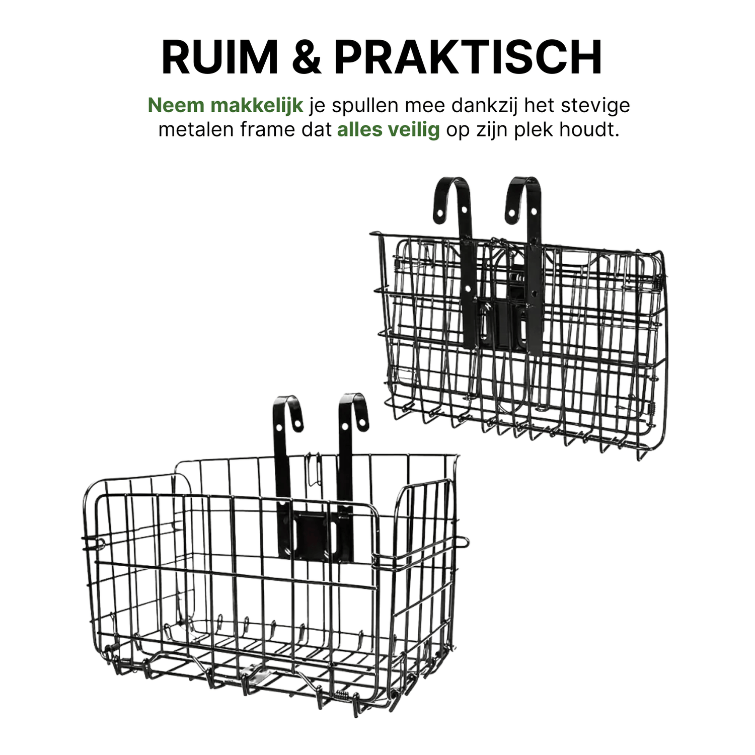 Trego opvouwbare metalen fietsmand in ingeklapte en uitgeklapte toestand met bevestigingshaken.
