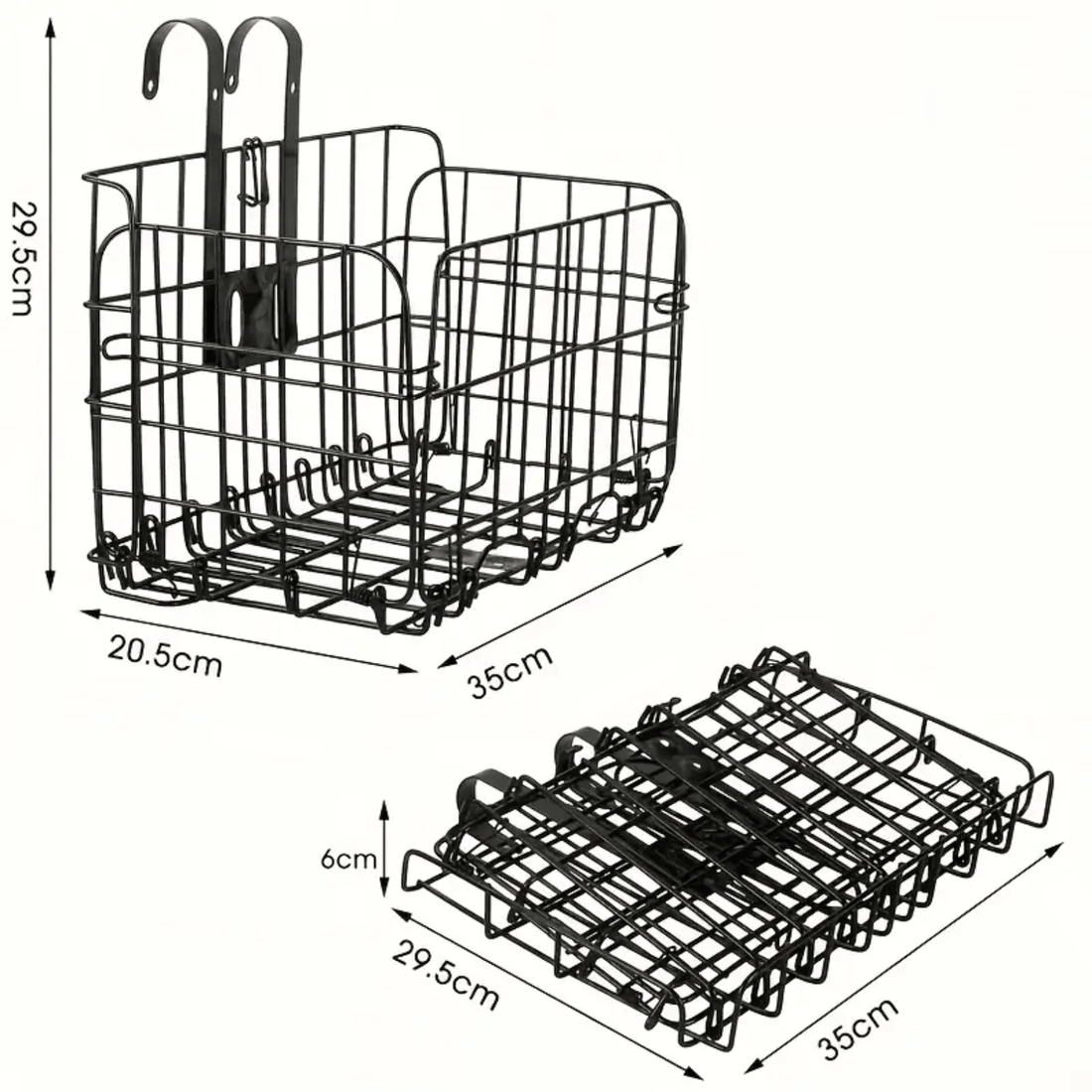 Black Trego bicycle basket shown both open and folded, with dimensions 35x29.5x20.5 cm.