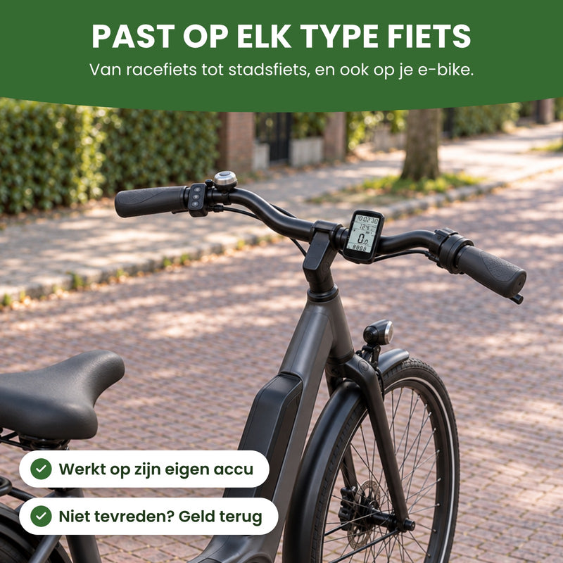 E-bike on a suburban street with the VeloxRide bike computer on the handlebar: fits any type of bike, from road bikes to city bikes and e-bikes