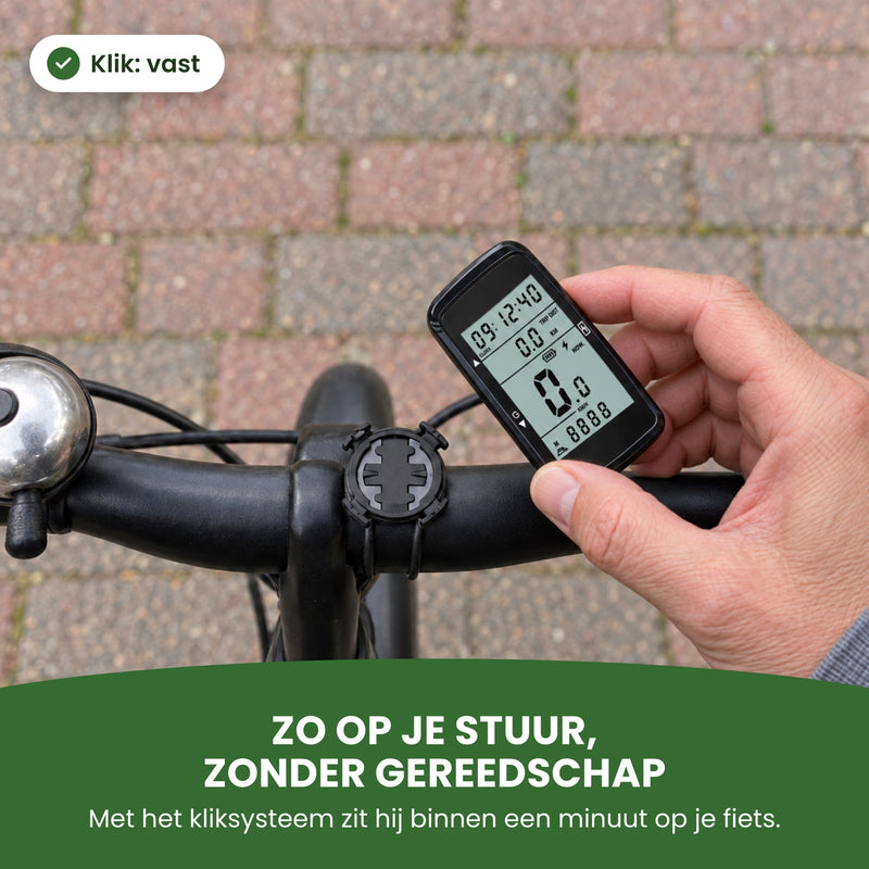 Hand clicking the VeloxRide bike computer onto its handlebar mount: with the click mount, it’s on your bike in under a minute, no tools needed