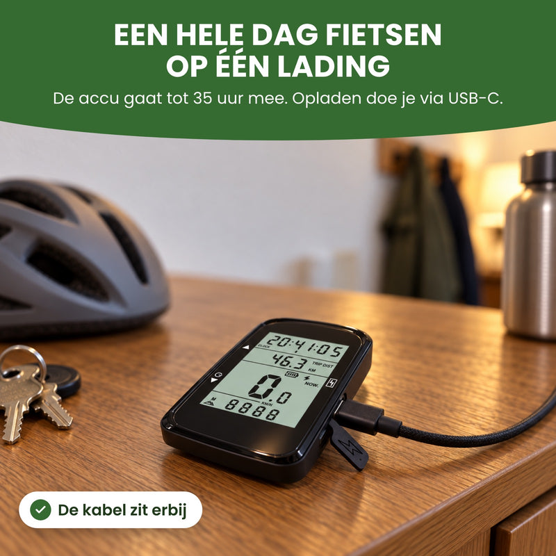 VeloxRide bike computer connected to its USB-C cable on a hallway cabinet next to a bike helmet: a full day of riding on a single charge