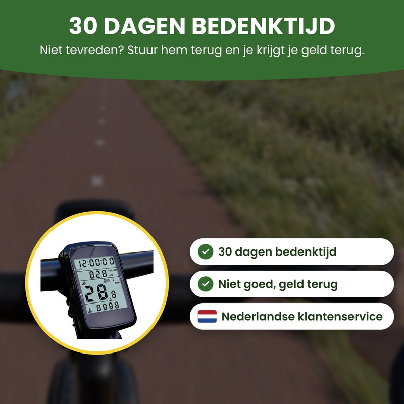 VeloxRide bike computer with the labels ‘Not happy? Money back’ and ‘English-speaking support’ with a US flag: 30-day returns