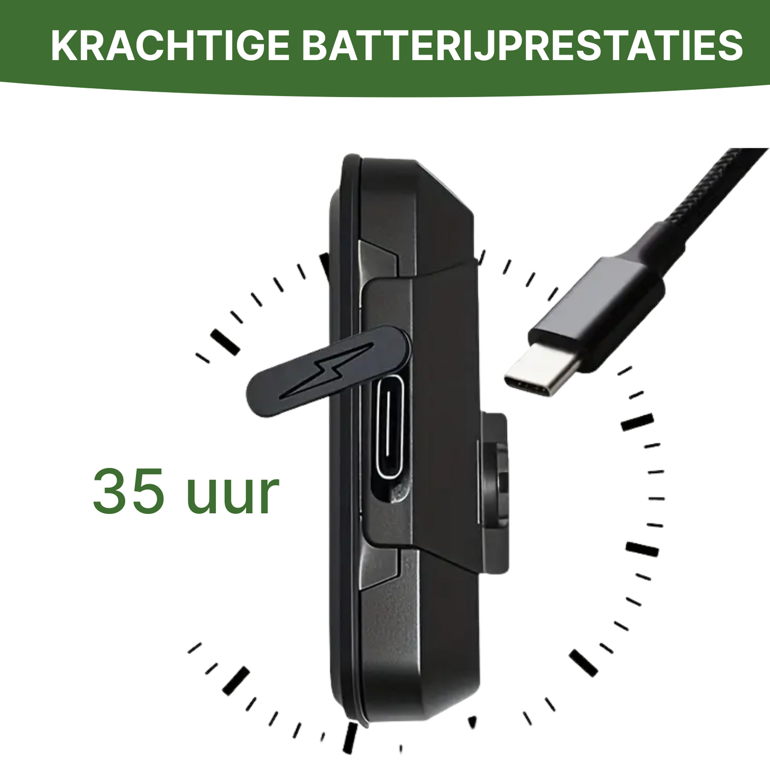 Zijaanzicht van de VeloxRide fietscomputer met USB-C poort en 35 uur batterijduur, naast oplaadkabel.