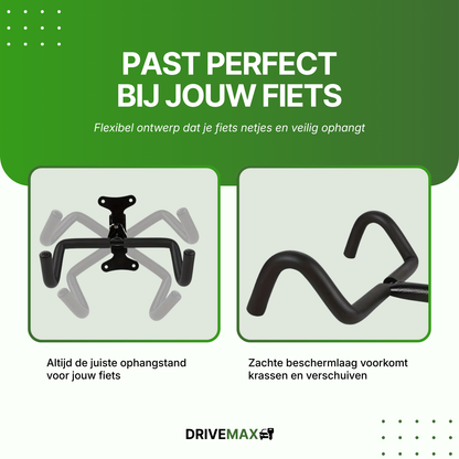 Zwarte verstelbare fiets muurbeugel met zachte beschermlaag tegen krassen en flexibele ophangstand.