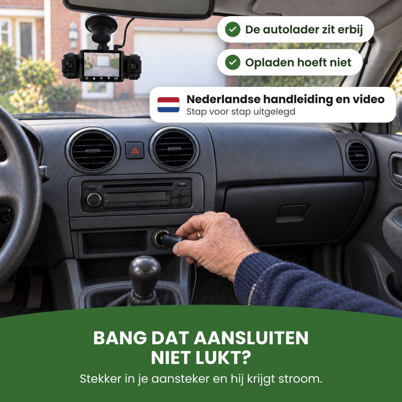 A hand plugs the VisionEdge 360 dashcam into the cigarette lighter socket of a parked car: hook it up yourself, with an English manual