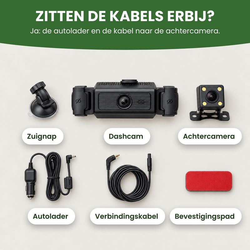 Included: VisionEdge 360 dashcam, suction cup, rear camera, car charger, connection cable and adhesive pad. The cables are included
