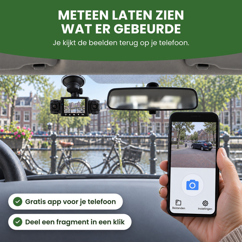 In a parked car, a hand holds a phone with the VisionEdge 360 dashcam app: play back the footage on your phone