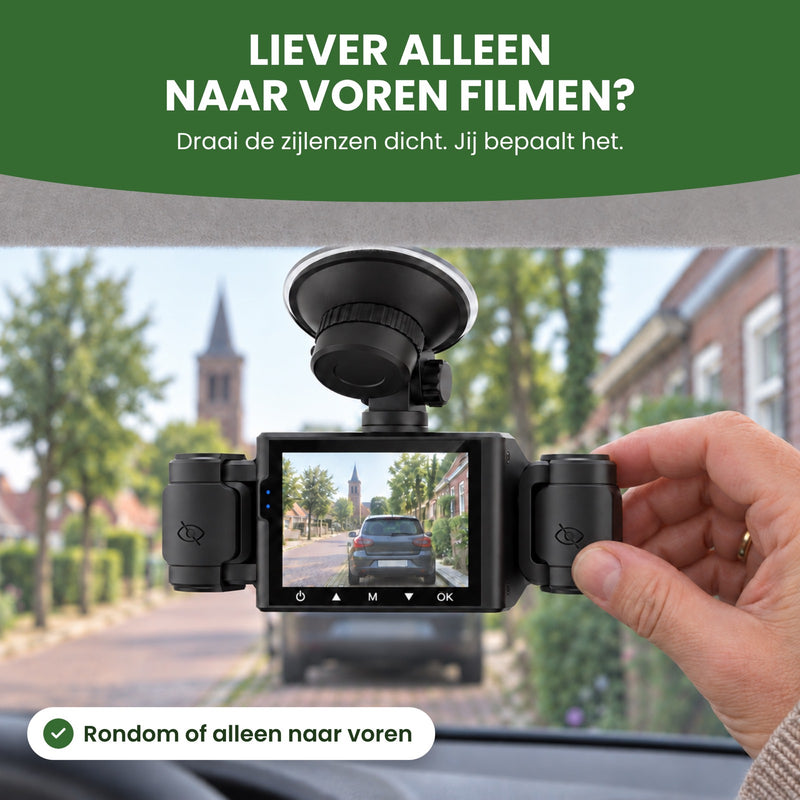 In a parked car, a hand rotates a side lens of the VisionEdge 360 dashcam to close it: record all around or just the road ahead
