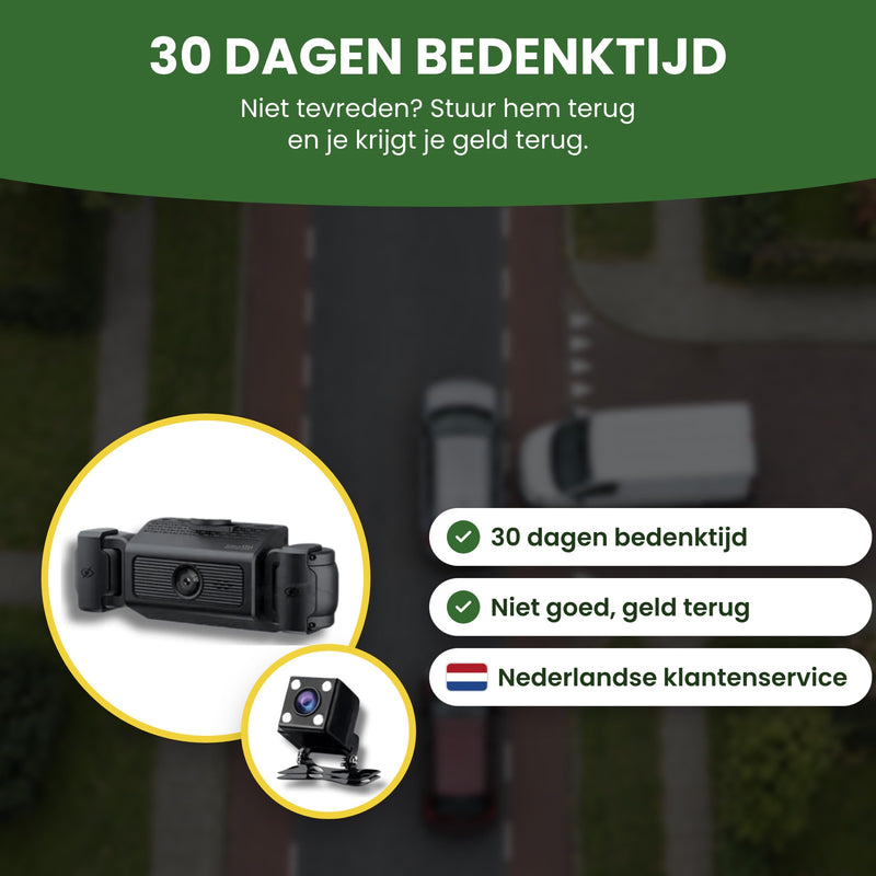 VisionEdge 360 dashcam with rear camera: 30-day returns, money back if you are not happy, and English-speaking support