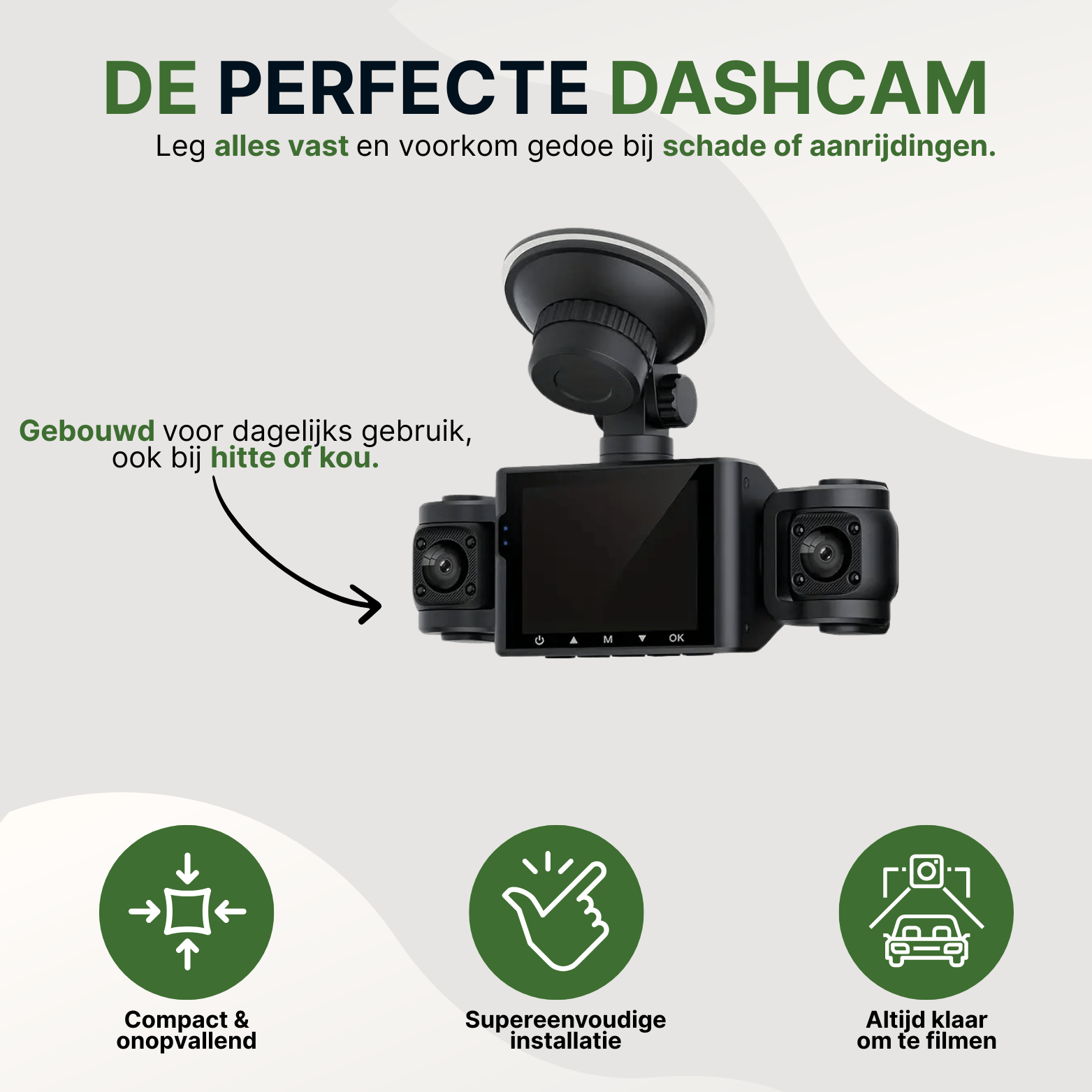 Zwarte VisionEdge dashcam met zuignap, compact ontwerp en geschikt voor hitte en kou.