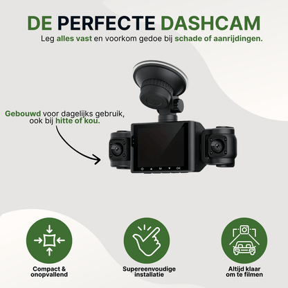 Zwarte VisionEdge dashcam met zuignap, compact ontwerp en geschikt voor hitte en kou.