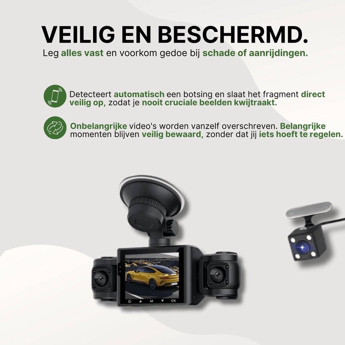 Black VisionEdge dashcam with collision detection and automatic storage, showing recording of yellow sports car.