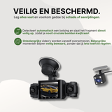 Black VisionEdge dashcam with collision detection and automatic storage, showing recording of yellow sports car.
