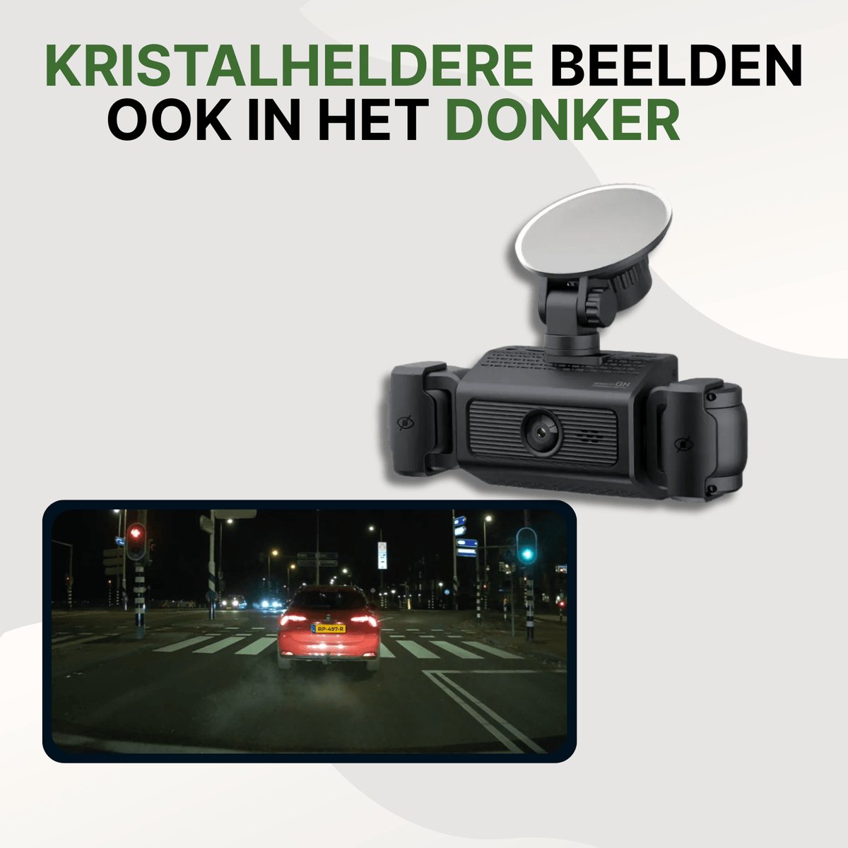 Black VisionEdge dashcam with crystal-clear night vision, shows recording of red vehicle at traffic light.