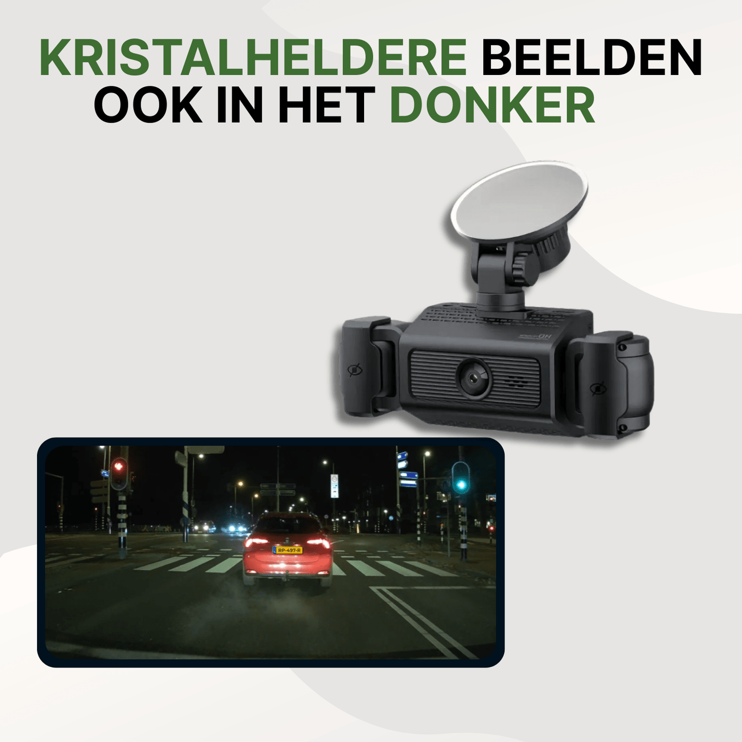 Zwarte VisionEdge dashcam met kristalhelder nachtzicht, toont opname van rood voertuig bij stoplicht.