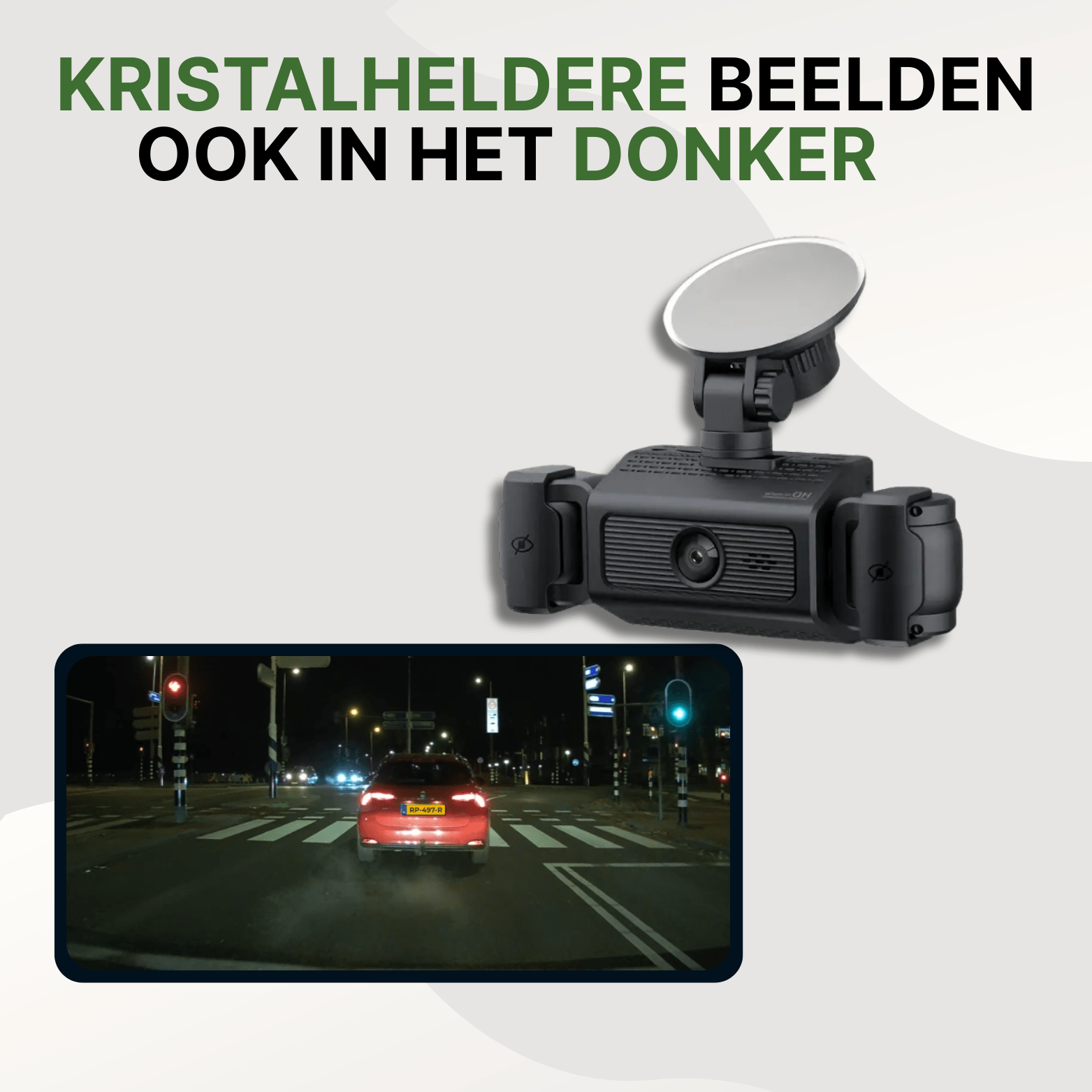 Zwarte VisionEdge dashcam met kristalhelder nachtzicht, toont opname van rood voertuig bij stoplicht.