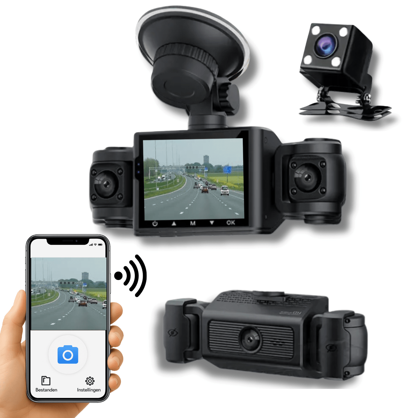 Zwarte VisionEdge dashcam set met achtercamera en liveverbinding via app op smartphone.