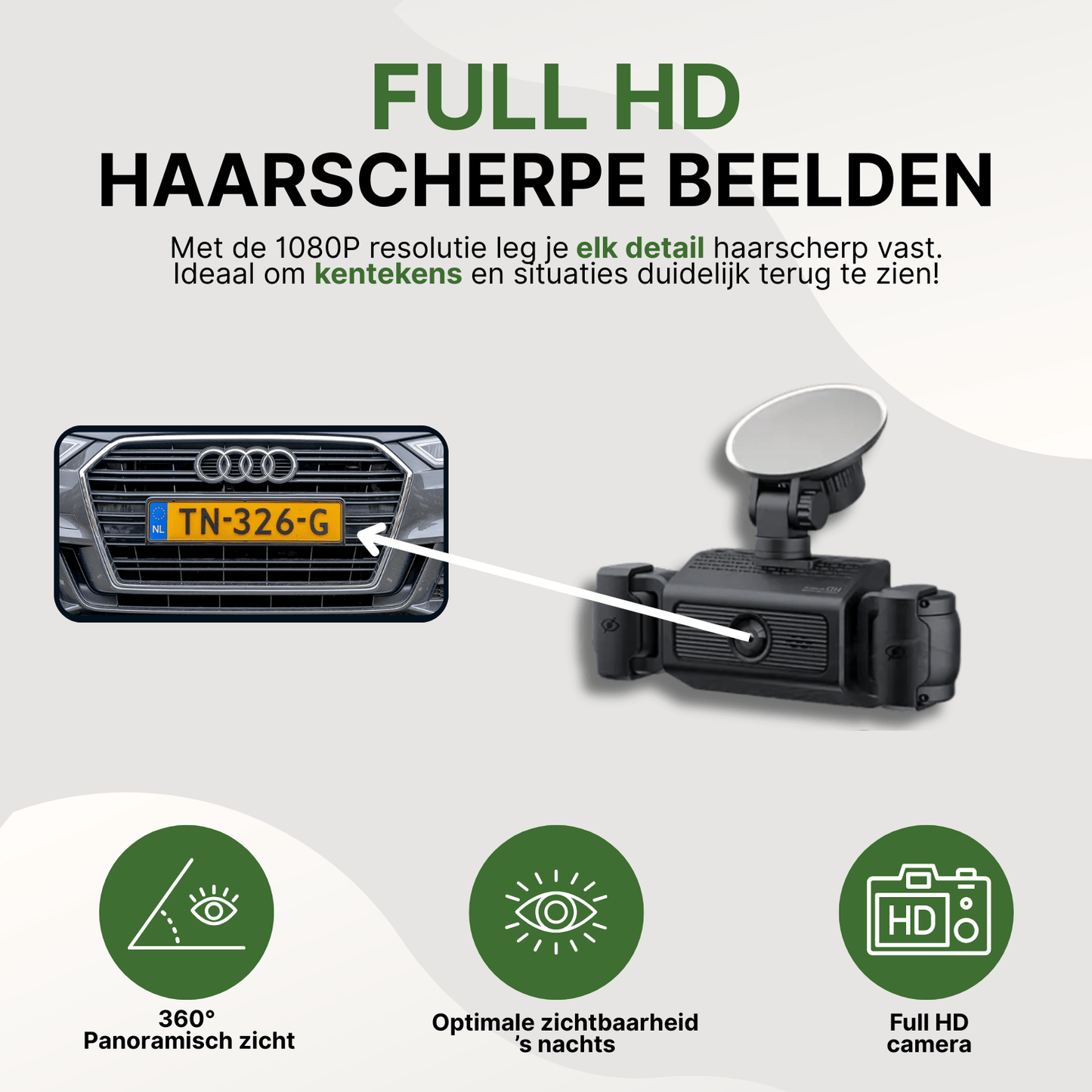 Zwarte VisionEdge dashcam met zuignapbevestiging en scherpe kentekenherkenning in full HD kwaliteit.