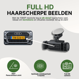 Black VisionEdge dashcam with suction cup mount and sharp license plate recognition in full HD quality.