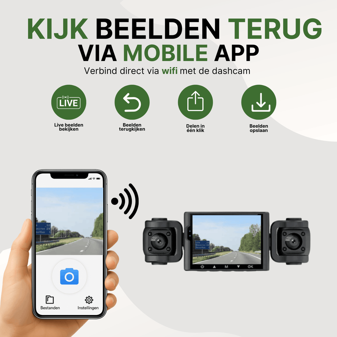 Black VisionEdge Pro dashcam with wifi, connected to smartphone for live video viewing via app.