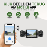 Black VisionEdge Pro dashcam with wifi, connected to smartphone for live video viewing via app.