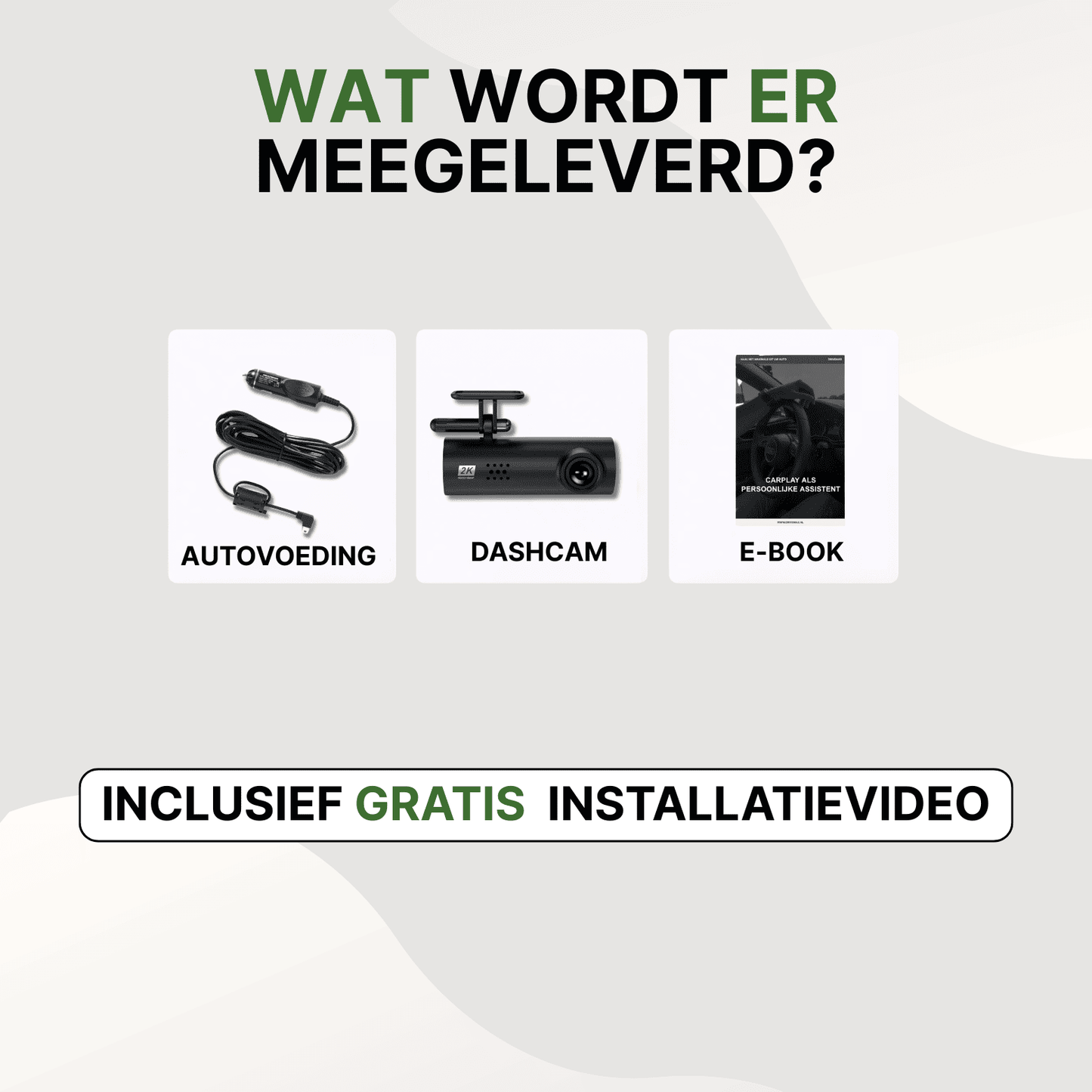 Inhoud van de VoiceGuard Dashcam Pro set met dashcam, autovoeding en e-book op witte achtergrond.