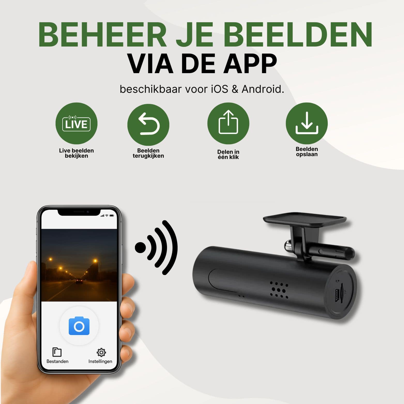 VoiceGuard Pro dashcam verbonden met mobiele app – live beelden bekijken, opslaan en delen via iOS & Android