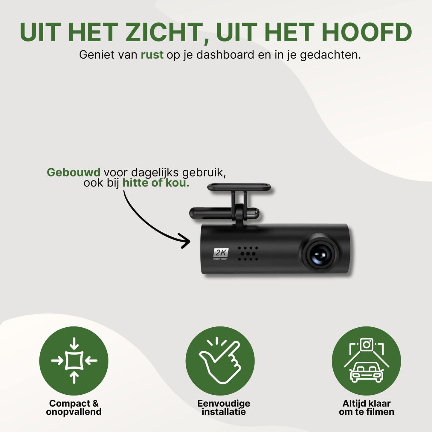 VoiceGuard Pro dashcam met compact ontwerp – onopvallend op het dashboard en bestand tegen hitte of kou