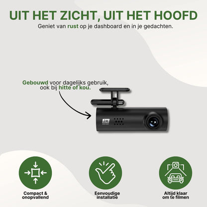 VoiceGuard Pro dashcam met compact ontwerp – onopvallend op het dashboard en bestand tegen hitte of kou