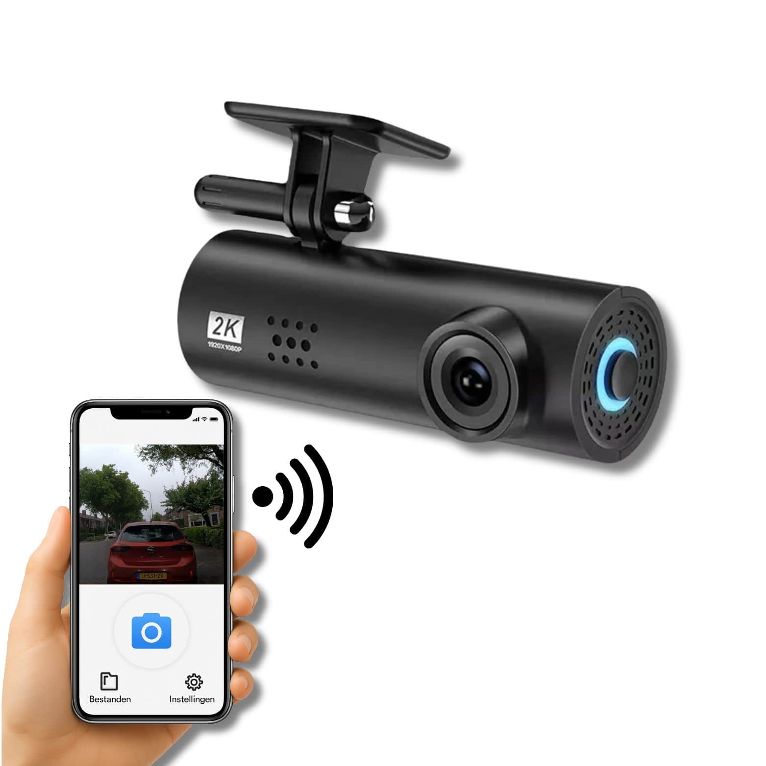 oiceGuard Pro 2K dashcam with live mobile app connection and 1080p video footage via wifi on smartphone
