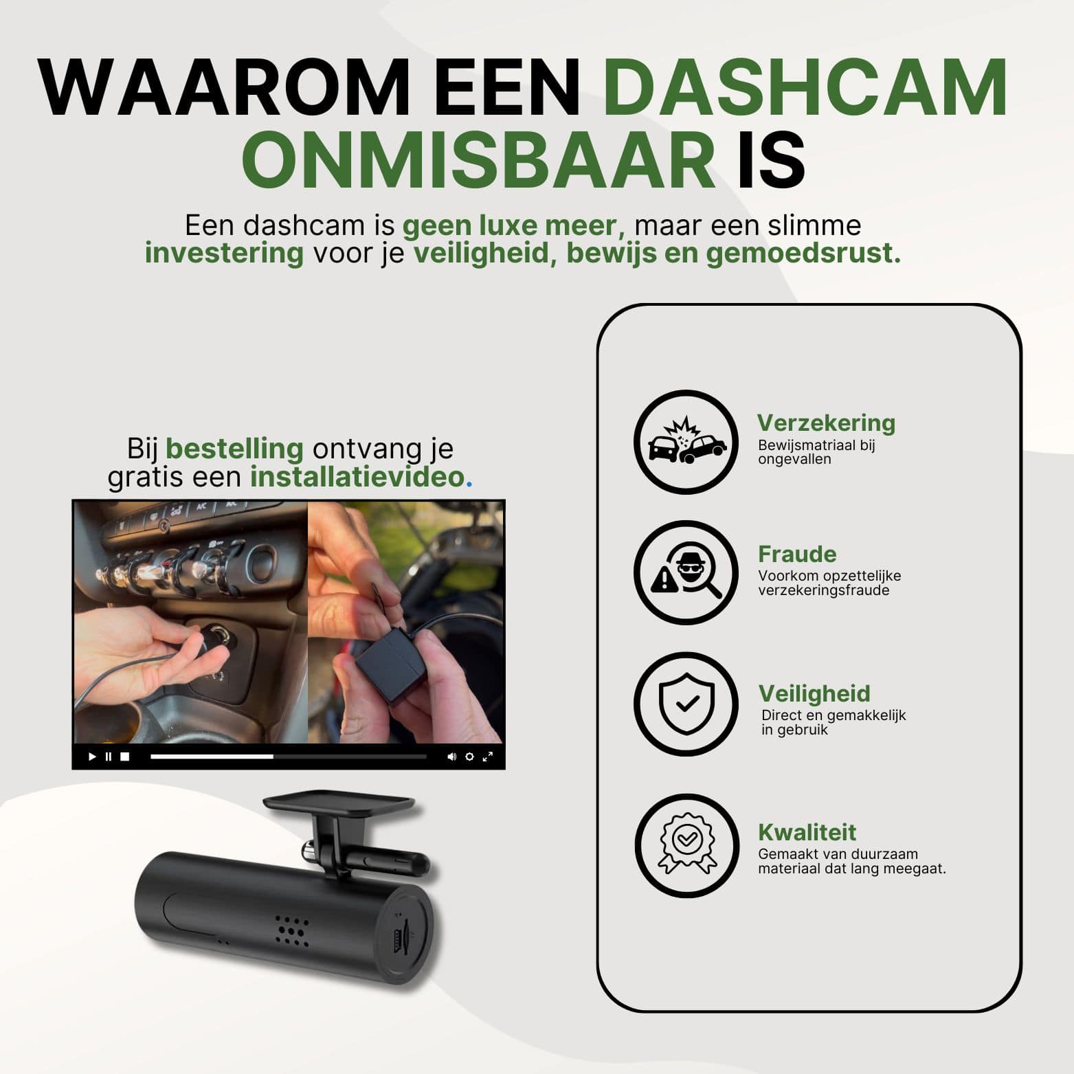 Uitleg waarom een dashcam zoals de VoiceGuard Pro onmisbaar is – voordelen zoals verzekering, fraudepreventie, veiligheid en kwaliteit met installatievideo