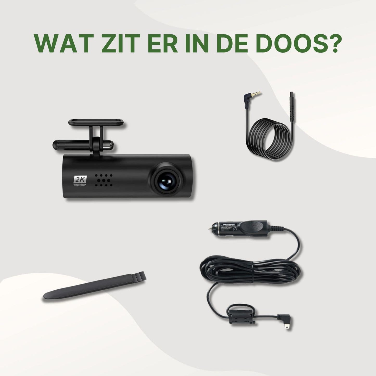 VoiceGuard Pro dashcam verpakking met accessoires – dashcam, voedingskabel, achtercamera-kabel, montage tool en 12V autolader