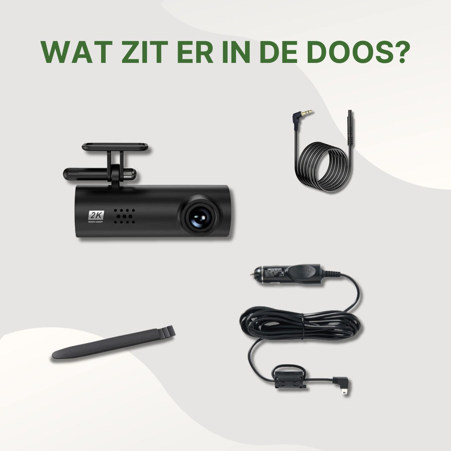 VoiceGuard Pro dashcam verpakking met accessoires – dashcam, voedingskabel, achtercamera-kabel, montage tool en 12V autolader