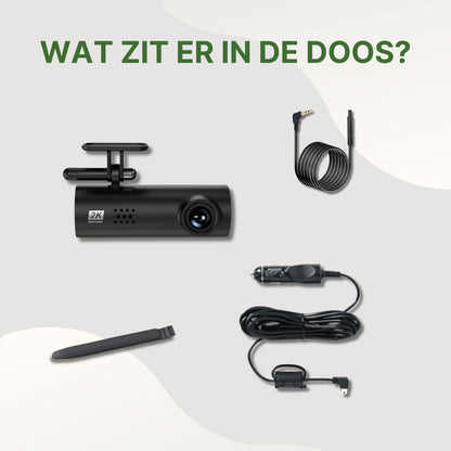 VoiceGuard Pro dashcam verpakking met accessoires – dashcam, voedingskabel, achtercamera-kabel, montage tool en 12V autolader