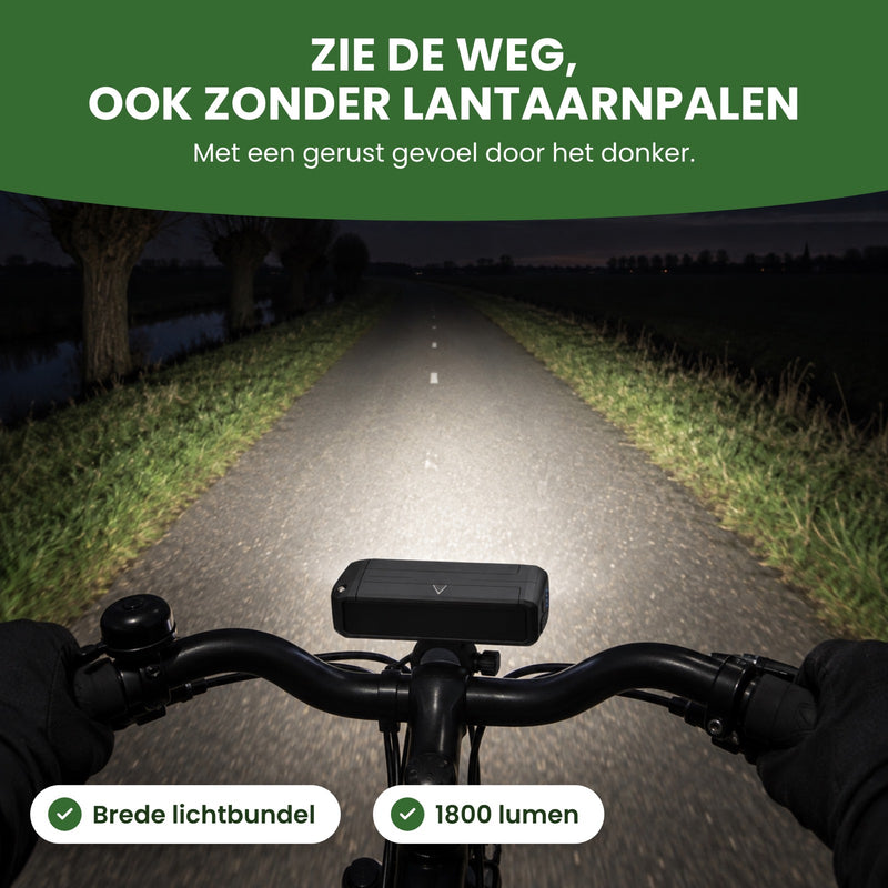 Unlit bike path at night lit up by the Voltura bike light: see the road, even with no streetlights