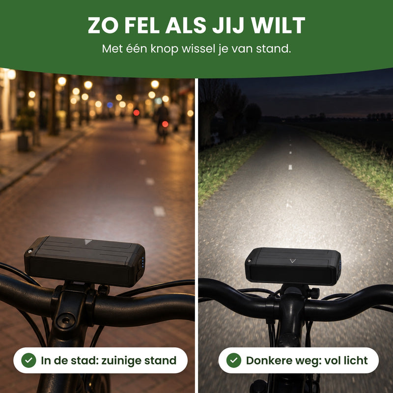 Left: the Voltura bike light in eco mode in town. Right: at full power on a dark road