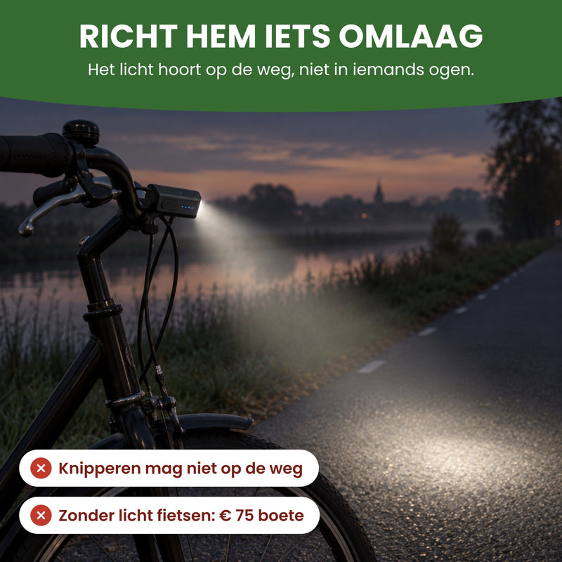 Voltura bike light aimed slightly down: the beam lands on the road