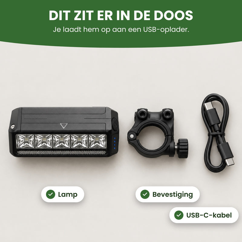 In the box with the Voltura bike light: the light, the handlebar mount and a USB-C cable