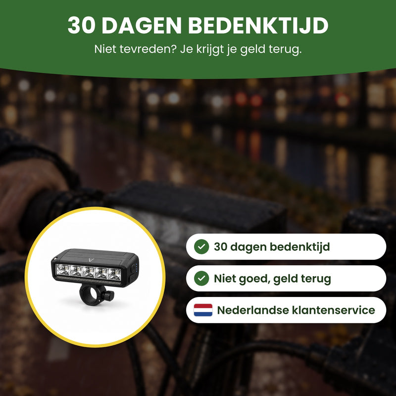 Voltura bike light with 30-day returns, money back if you are not happy, and English-speaking support
