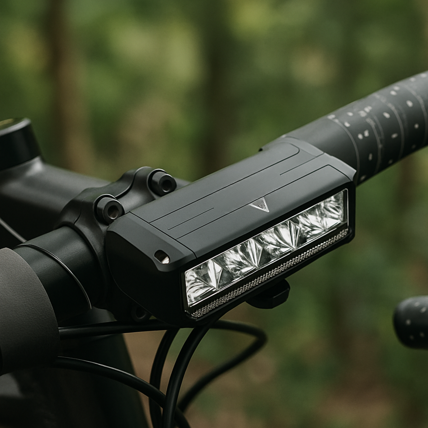 Zwarte Voltura LED fietslamp met vijf lenzen gemonteerd op fietsstuur in bosrijke omgeving.