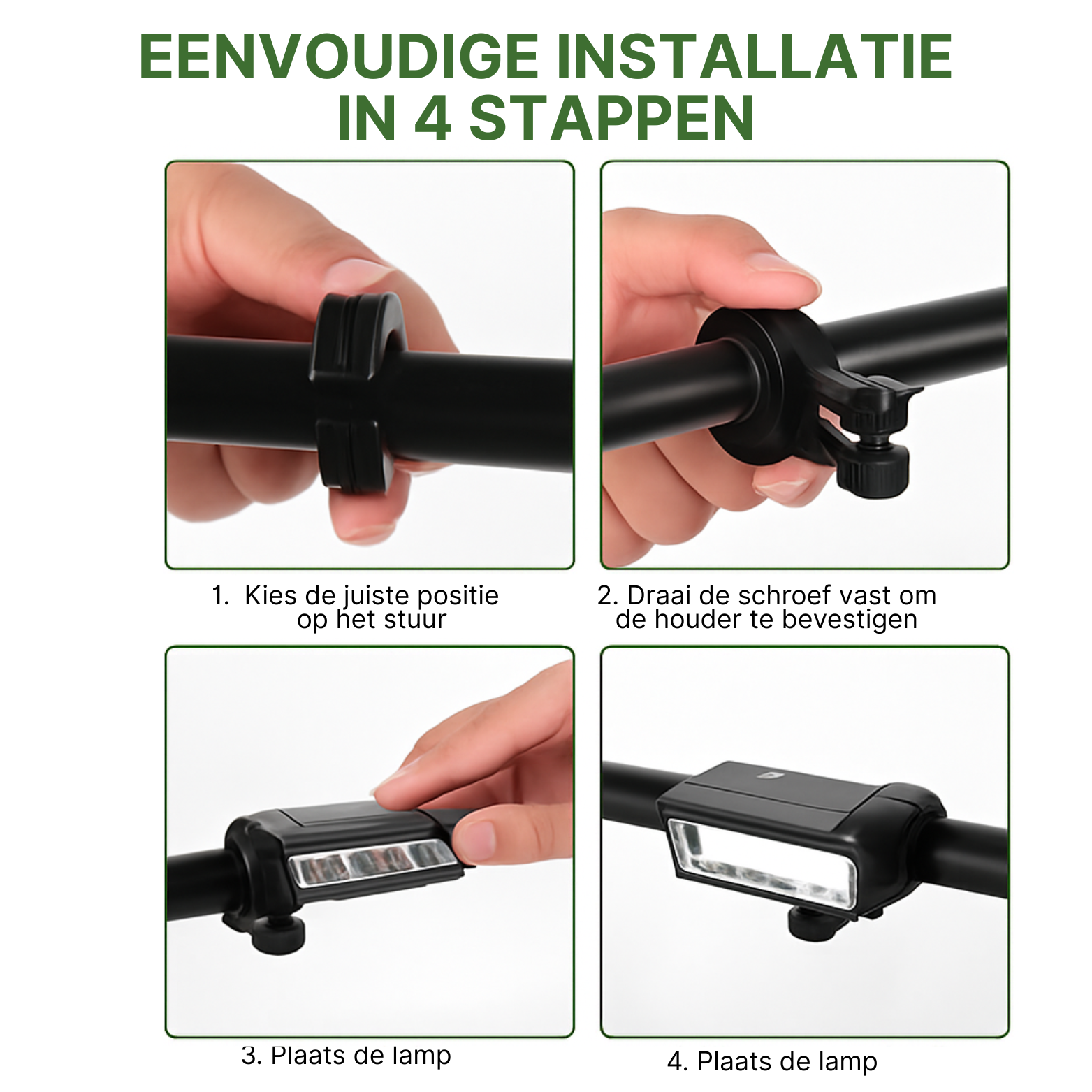 Stapsgewijze installatie van Voltura LED fietslamp op fietsstuur met duidelijke close-ups van elke fase.