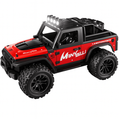 Rode en zwarte VorteX bestuurbare offroad auto met grote banden en dakverlichting.