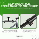 Adjustable black bike wall mount system with soft hooks, suitable for various bikes and frames.