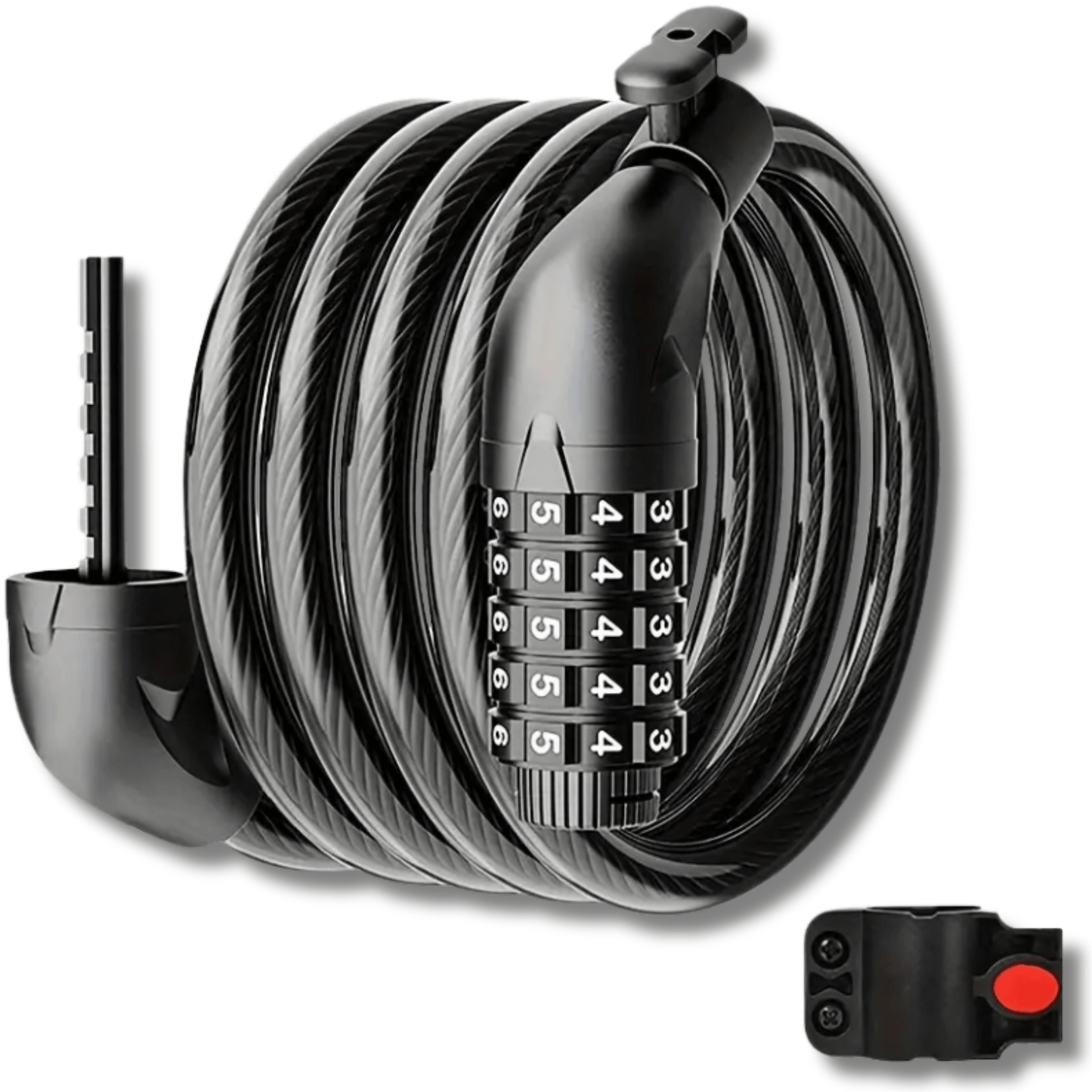 Zwart LockMaster kabelslot met vijf cijferrollen en bevestigingshouder voor montage aan fietsframe.