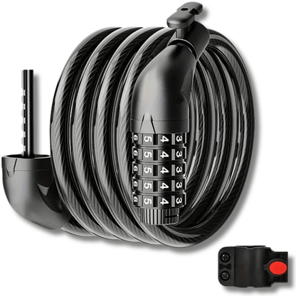 Zwart LockMaster kabelslot met vijf cijferrollen en bevestigingshouder voor montage aan fietsframe.