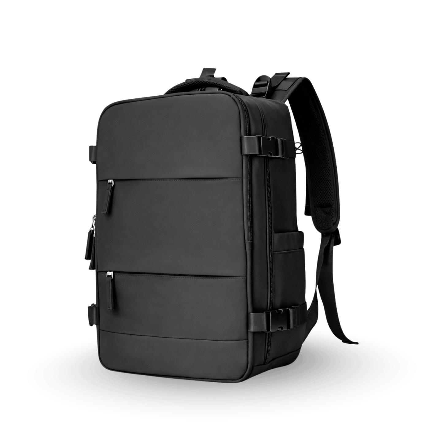 Black rectangular travel backpack with multiple zip pockets and adjustable shoulder straps.