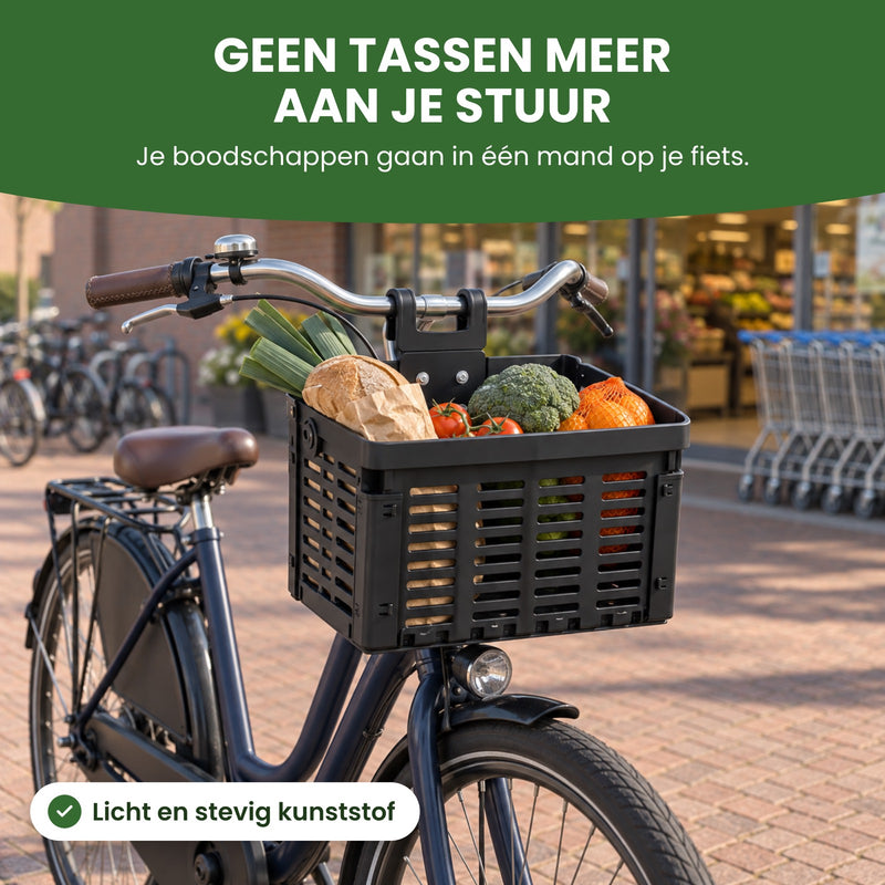 Zyro bike basket full of groceries on the front of a city bike outside a grocery store, handlebars clear: no more bags on your handlebars