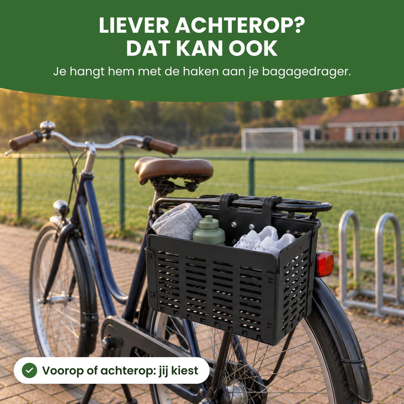 Zyro bike basket with gym gear hanging from the side of a city bike’s rear rack by a soccer field: prefer it on the back? That works too