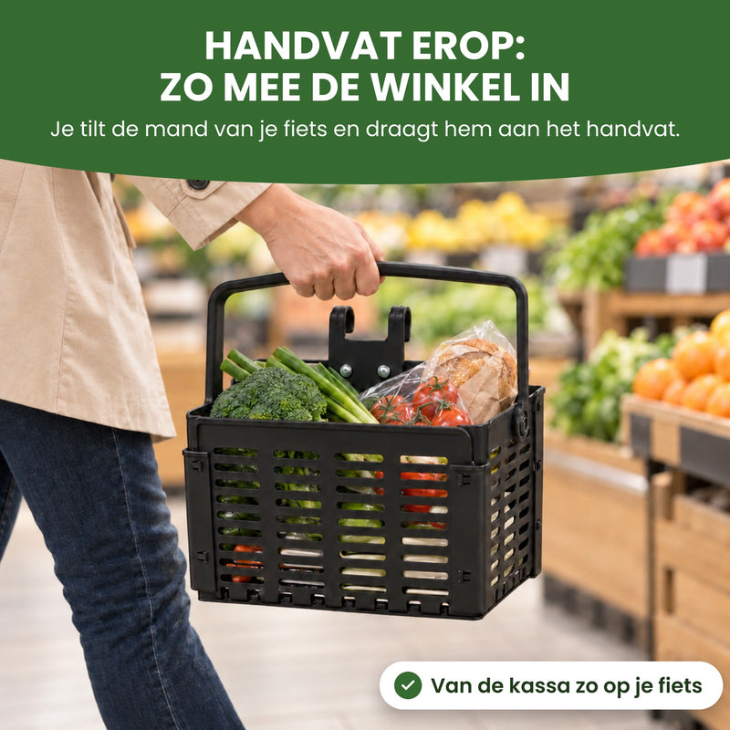 Woman carries the Zyro bike basket by its handle past the produce section of a grocery store: built-in handle, carry it into the store