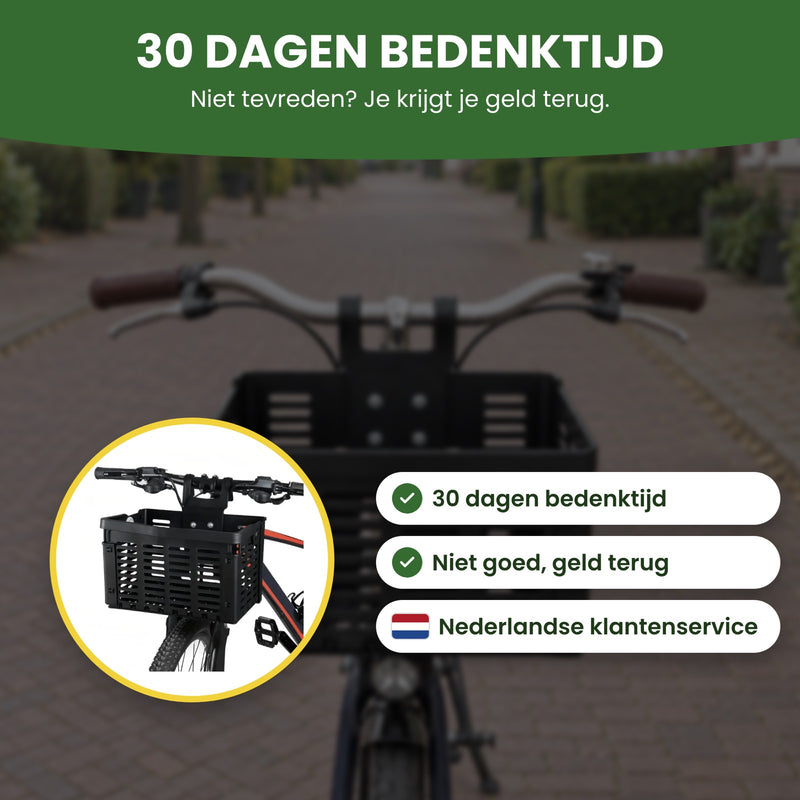 Zyro bike basket in a circle with the labels ‘Not happy? Money back’ and ‘English-speaking support’ with a US flag: 30-day returns